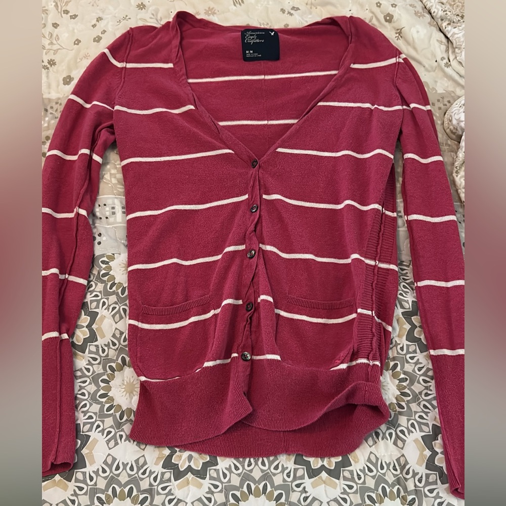 American Eagle Outfitters Burgundy Striped Cardigan